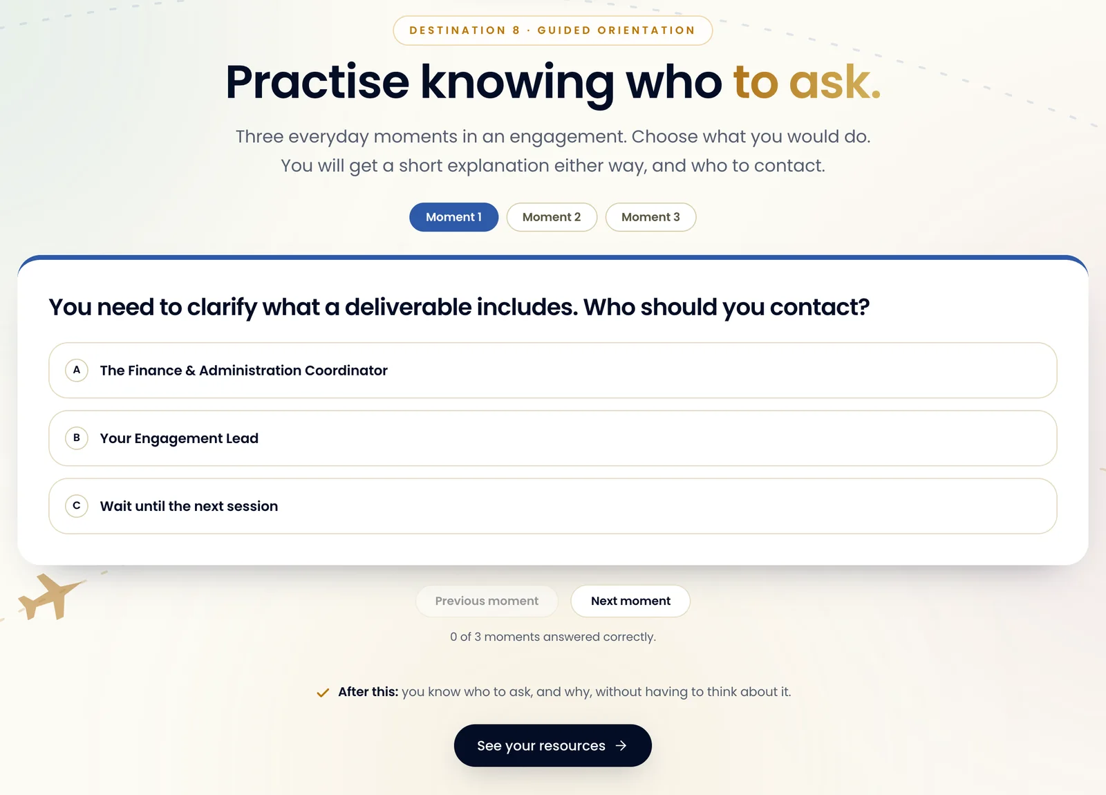 The customer demo's activity: practising who to ask in an everyday moment